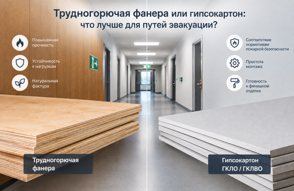 Трудногорючая фанера и гипсокартон: сравнительный анализ материалов для путей эвакуации 